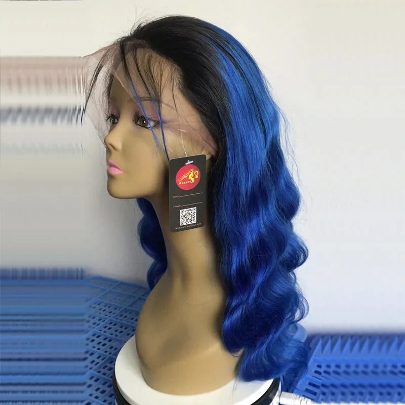 Ombre Color Full Lace Wig BodyWave 1B/Blue 100% Human Hair Ombre Color Wigs With Baby Hair